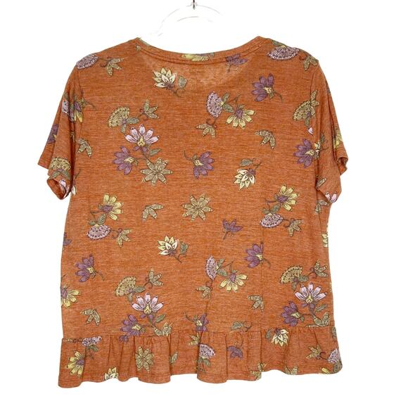 SONOMA Floral Crop T-Shirt Ruffle Hem Crew Neck Linen Blend Burnt Orange Size M - Picture 4 of 6
